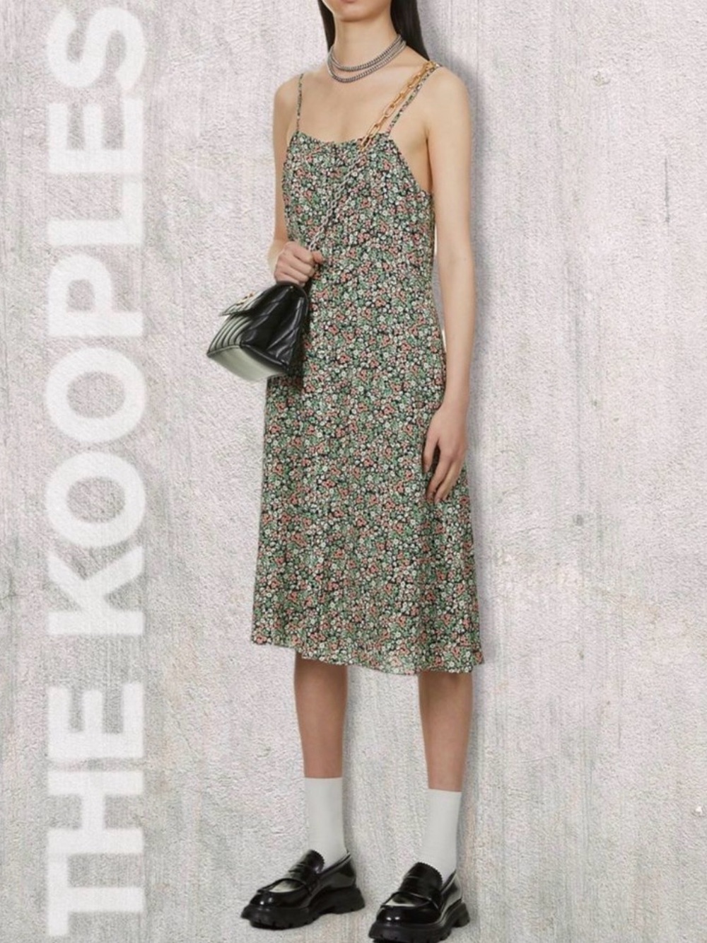 The Kooples Floral Midi Dress Green Pink Spaghetti Strap US 8